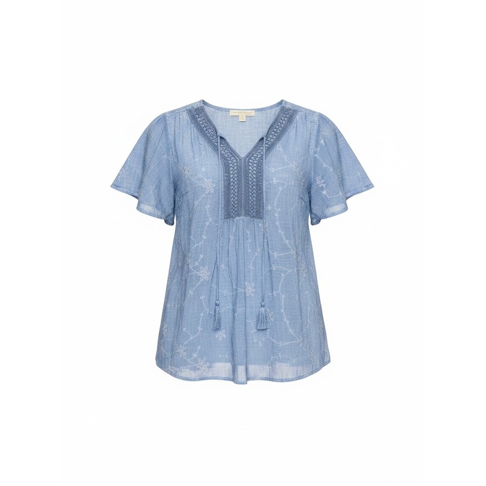 Farmers Market One World Blue Embroidered Crochet V-Neck Flutter Sleeve Top S